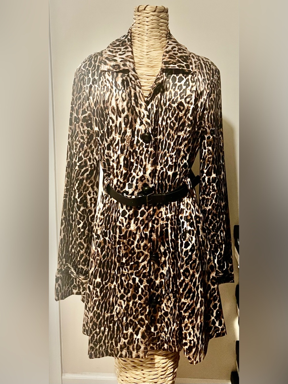 Leopard Print Button-Front Trench with Black Belt